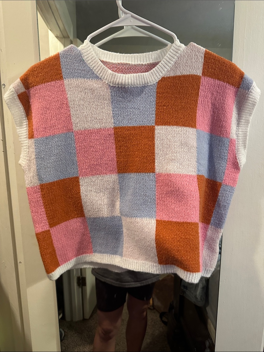 Checked Sleeveless Sweater Vest in Pink, Blue & Rust